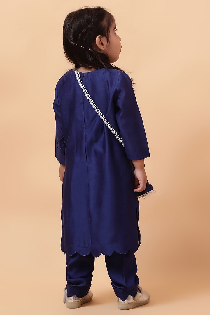 Cobalt Blue Chanderi Silk Motif Hand Embroidered Kurta Set For Girls by House of Tushaom - Kids at Pernia's Pop Up Shop