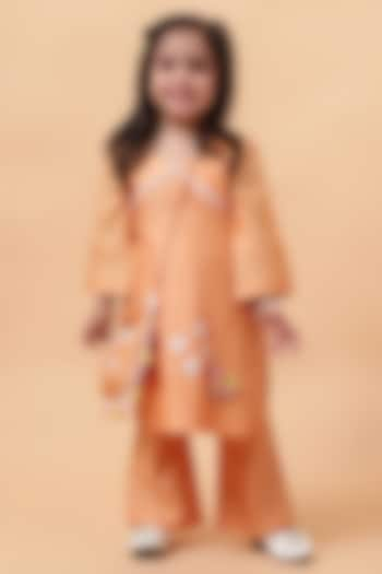 Orange Chanderi Silk Motif Hand Embroidered Kurta Set For Girls by House of Tushaom - Kids at Pernia's Pop Up Shop