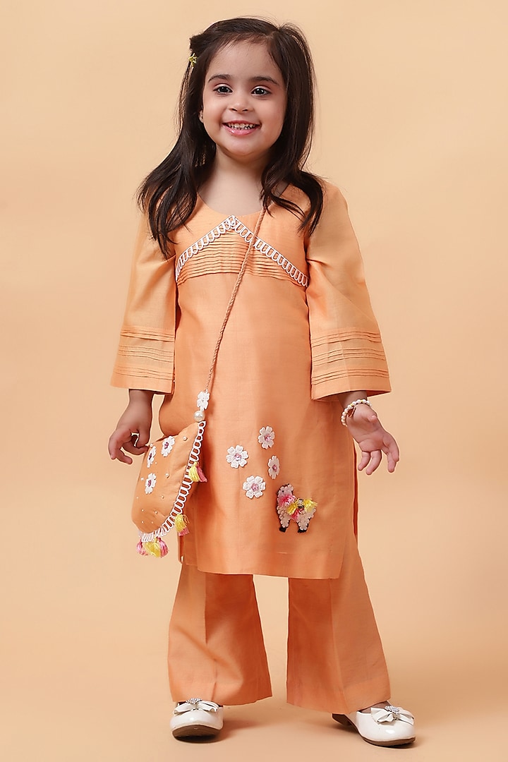 Orange Chanderi Silk Motif Hand Embroidered Kurta Set For Girls by House of Tushaom - Kids at Pernia's Pop Up Shop