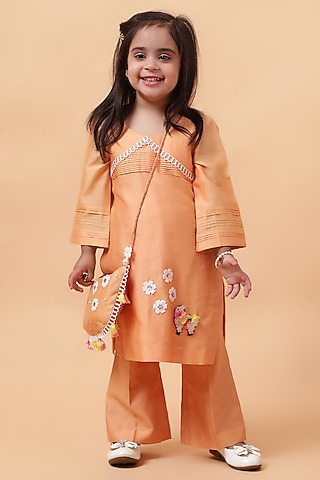 Orange Chanderi Silk Motif Hand Embroidered Kurta Set For Girls by House of Tushaom - Kids