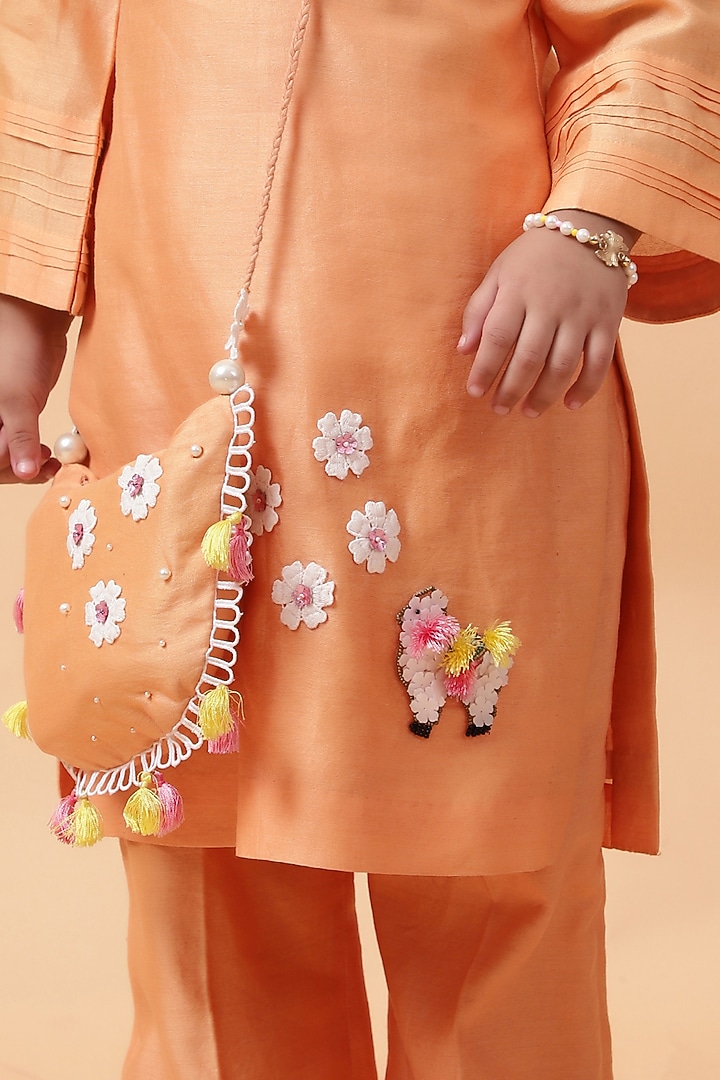 Orange Chanderi Silk Motif Hand Embroidered Kurta Set For Girls by House of Tushaom - Kids at Pernia's Pop Up Shop
