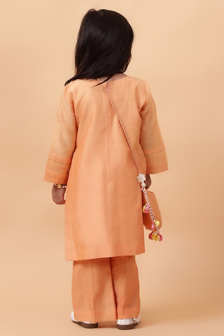 Orange Chanderi Silk Motif Hand Embroidered Kurta Set For Girls by House of Tushaom - Kids at Pernia's Pop Up Shop