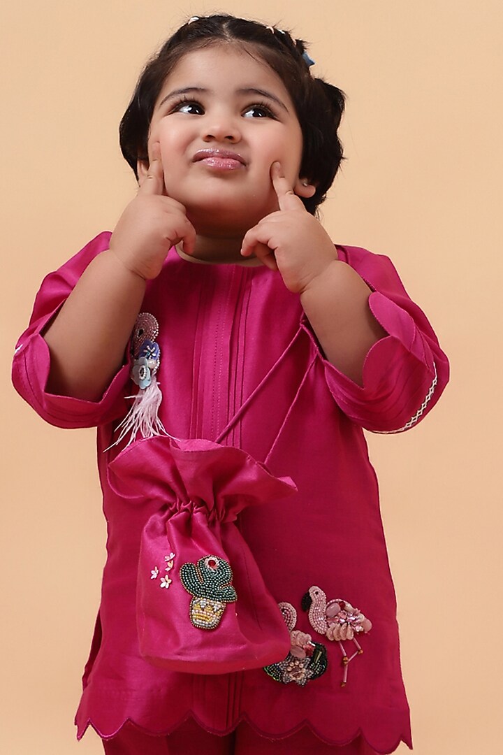 Pink Chanderi Silk Motif Hand Embroidered Kurta Set For Girls by House of Tushaom - Kids at Pernia's Pop Up Shop