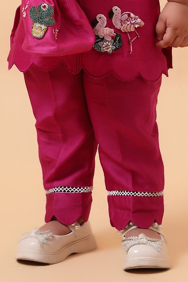 Pink Chanderi Silk Motif Hand Embroidered Kurta Set For Girls by House of Tushaom - Kids at Pernia's Pop Up Shop