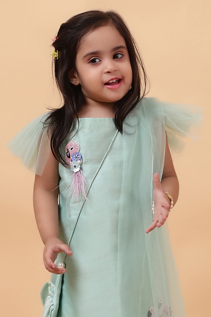 Mint Chanderi Silk Hand Embroidered Kurta Set For Girls by House of Tushaom - Kids at Pernia's Pop Up Shop