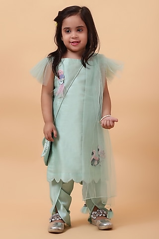 Mint Chanderi Silk Hand Embroidered Kurta Set For Girls by House of Tushaom - Kids