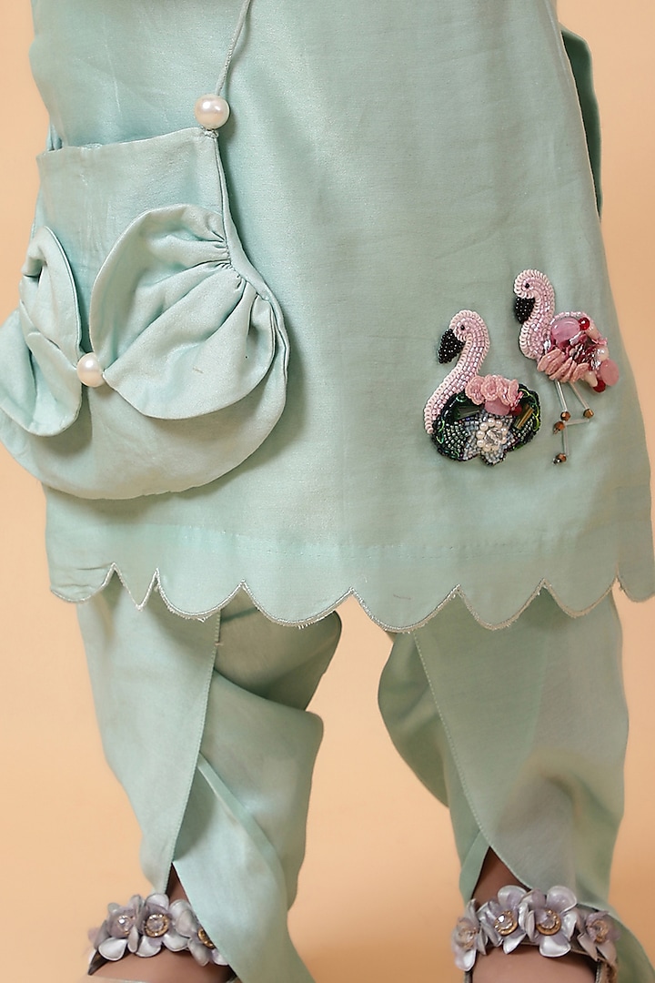 Mint Chanderi Silk Hand Embroidered Kurta Set For Girls by House of Tushaom - Kids at Pernia's Pop Up Shop