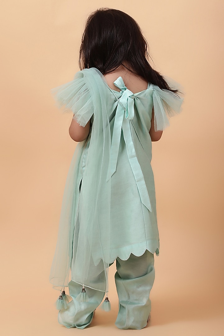 Mint Chanderi Silk Hand Embroidered Kurta Set For Girls by House of Tushaom - Kids at Pernia's Pop Up Shop