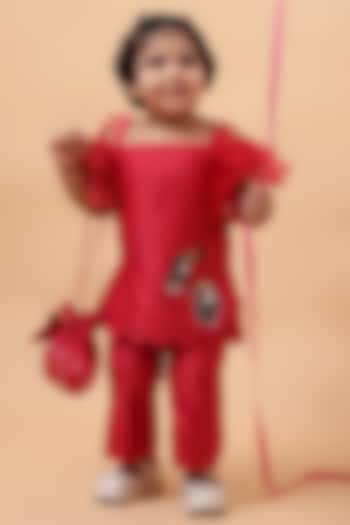 Red Chanderi Silk & Net Hand Embroidered Kurta Set For Girls by House of Tushaom - Kids at Pernia's Pop Up Shop