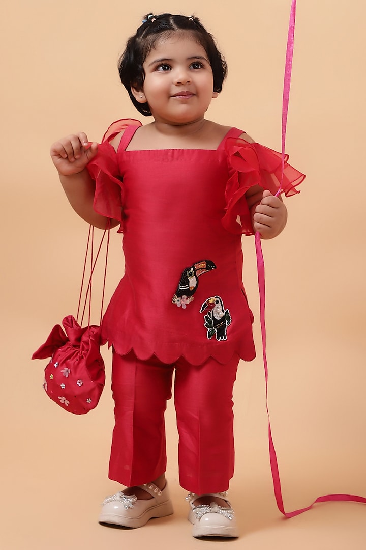 Red Chanderi Silk & Net Hand Embroidered Kurta Set For Girls by House of Tushaom - Kids at Pernia's Pop Up Shop