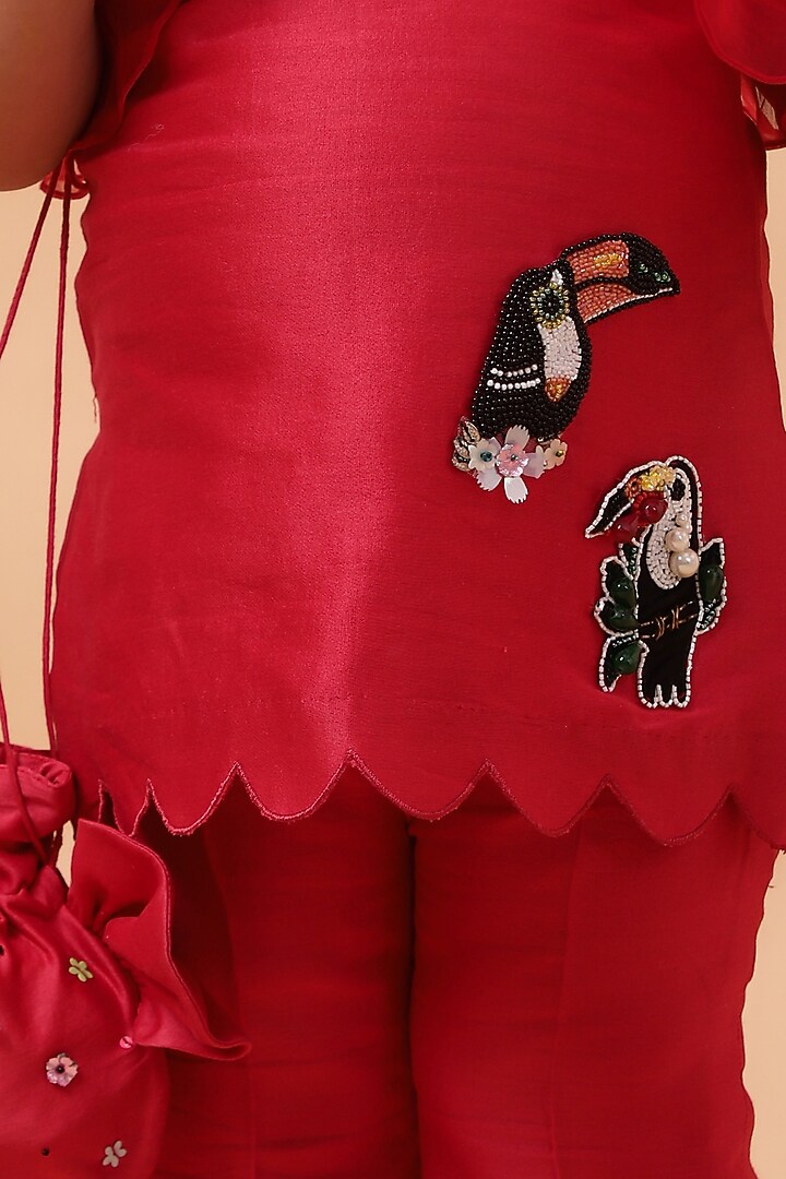 Red Chanderi Silk & Net Hand Embroidered Kurta Set For Girls by House of Tushaom - Kids at Pernia's Pop Up Shop