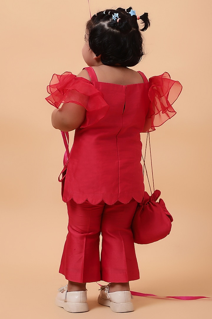 Red Chanderi Silk & Net Hand Embroidered Kurta Set For Girls by House of Tushaom - Kids at Pernia's Pop Up Shop