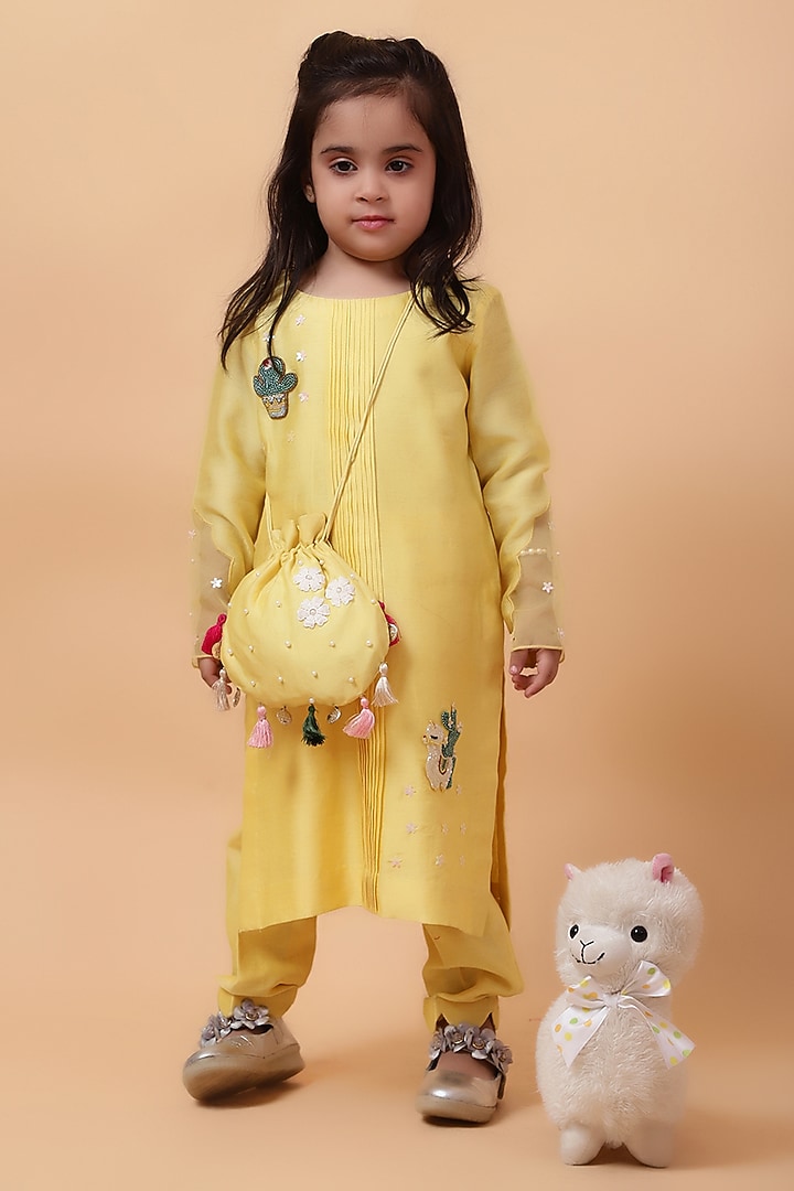 Yellow Chanderi Silk Motif Hand Embroidered Kurta Set For Girls by House of Tushaom - Kids at Pernia's Pop Up Shop