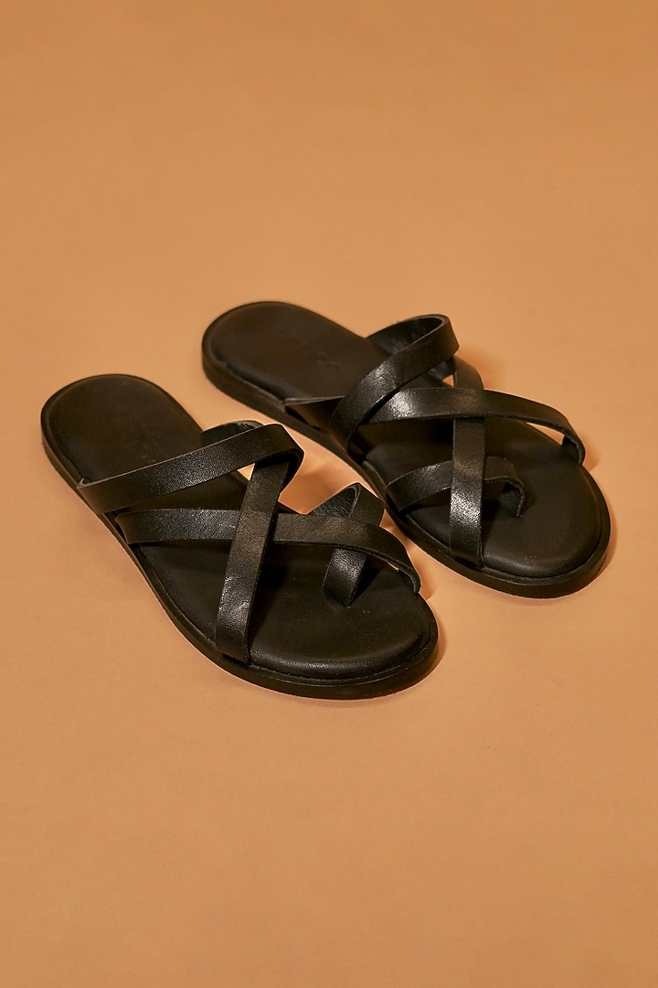 Black Full-Grain Leather Sandals by Dmodot at Pernia's Pop Up Shop