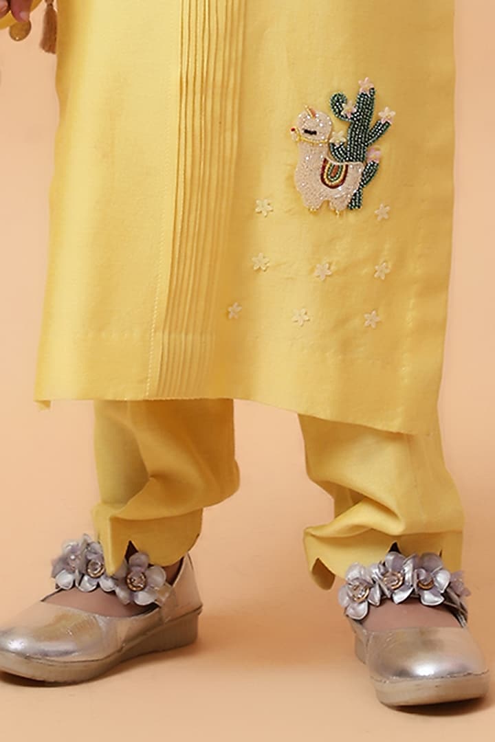 Yellow Chanderi Silk Motif Hand Embroidered Kurta Set For Girls by House of Tushaom - Kids at Pernia's Pop Up Shop