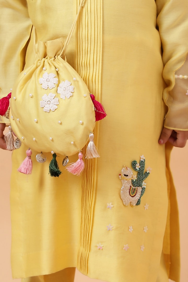 Yellow Chanderi Silk Motif Hand Embroidered Kurta Set For Girls by House of Tushaom - Kids at Pernia's Pop Up Shop