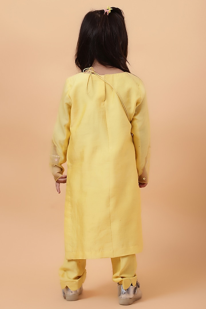 Yellow Chanderi Silk Motif Hand Embroidered Kurta Set For Girls by House of Tushaom - Kids at Pernia's Pop Up Shop