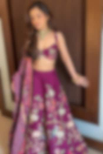 Plum Dupion Tropical Vine Printed Wedding Lehenga Set by Irrau by Samir Mantri at Pernia's Pop Up Shop