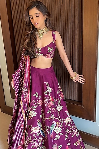 Plum Dupion Tropical Vine Printed Lehenga Set by Irrau by Samir Mantri