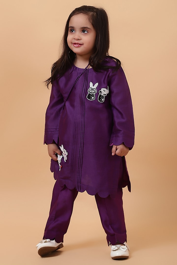 Purple Chanderi Silk Motif Hand Embroidered Kurta Set For Girls by House of Tushaom - Kids at Pernia's Pop Up Shop