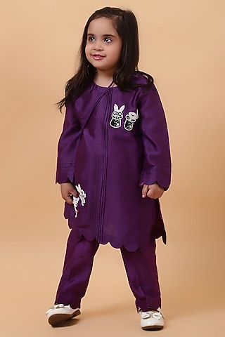Purple Chanderi Silk Motif Hand Embroidered Kurta Set For Girls by House of Tushaom - Kids