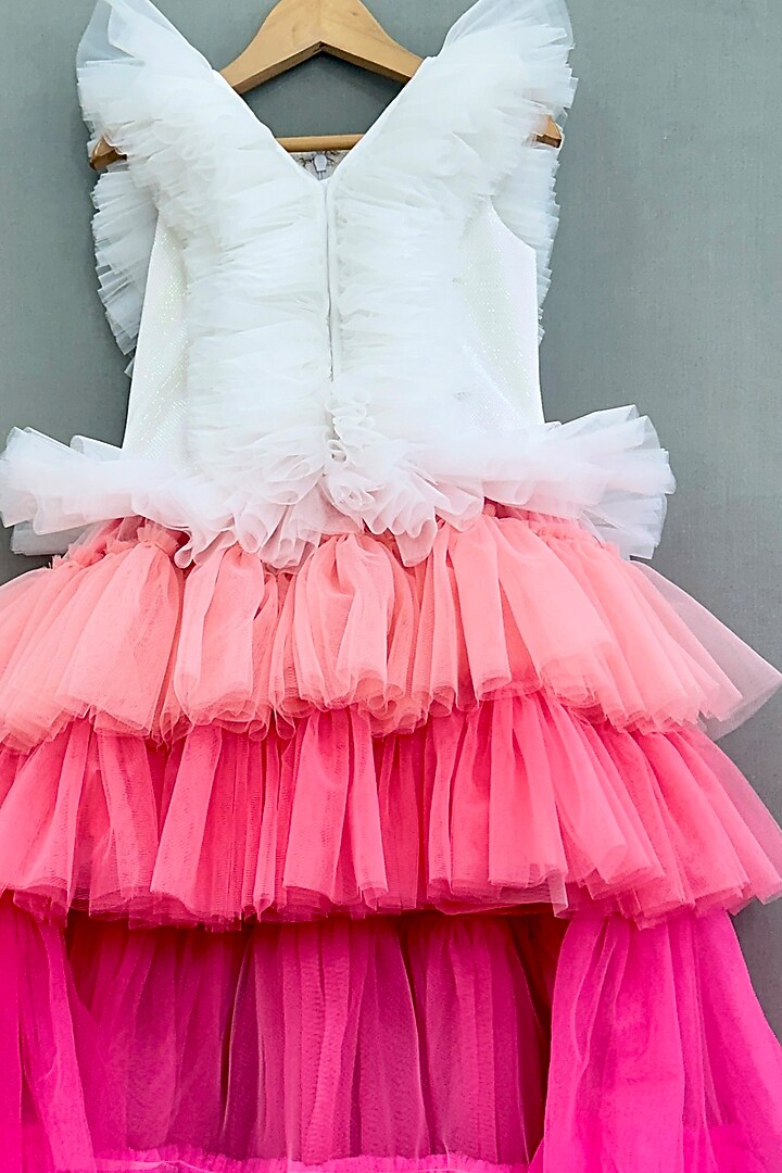 White & Pink Shaded Net frilled High-Low Gown For Girls by Label Neeti at Pernia's Pop Up Shop