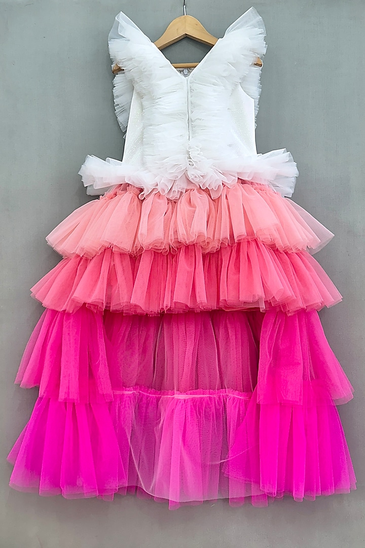 White & Pink Shaded Net frilled High-Low Gown For Girls by Label Neeti at Pernia's Pop Up Shop
