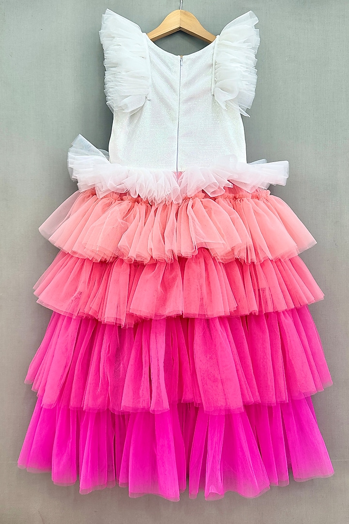 White & Pink Shaded Net frilled High-Low Gown For Girls by Label Neeti at Pernia's Pop Up Shop