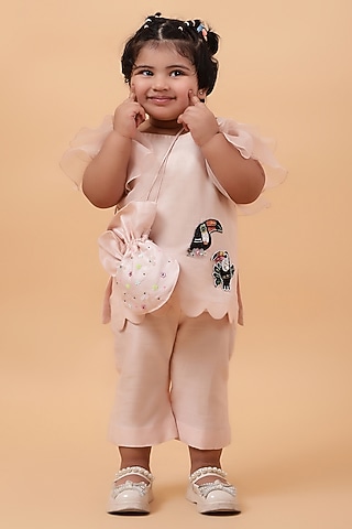 Beige Chanderi Silk Hand Embroidered Kurta Set For Girls by House of Tushaom - Kids