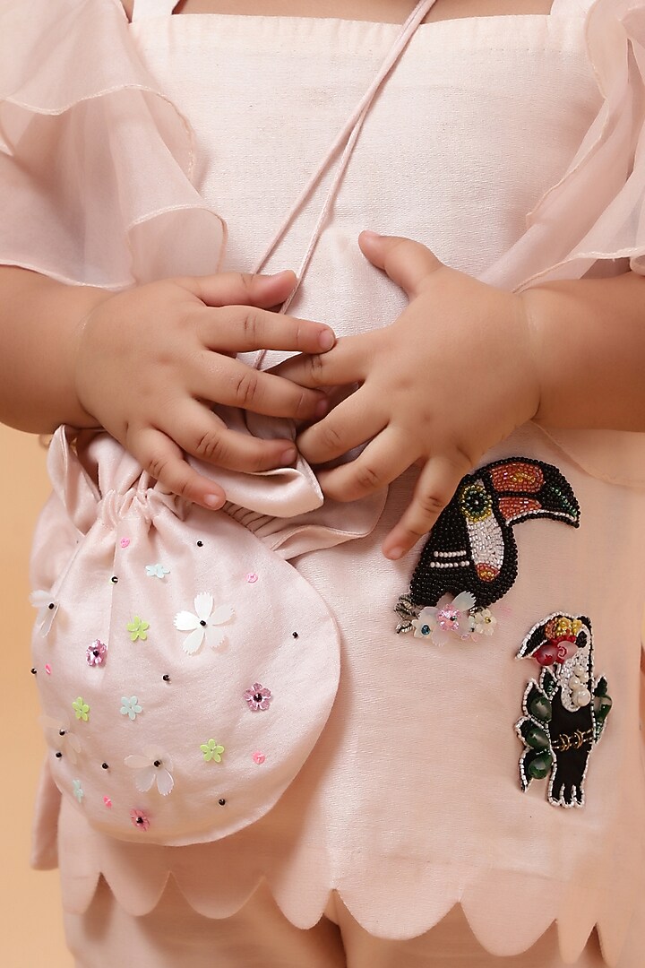 Beige Chanderi Silk Hand Embroidered Kurta Set For Girls by House of Tushaom - Kids at Pernia's Pop Up Shop