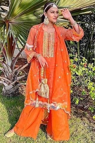 Tangerine Orange Satin Shimmer Sharara Set by Lahario