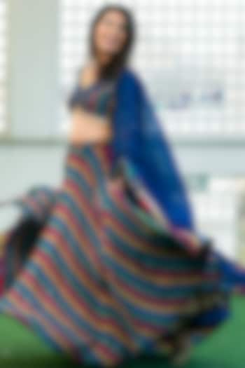 Blue Viscose Crepe Striped Digital Printed Lehenga Set by Affroz at Pernia's Pop Up Shop