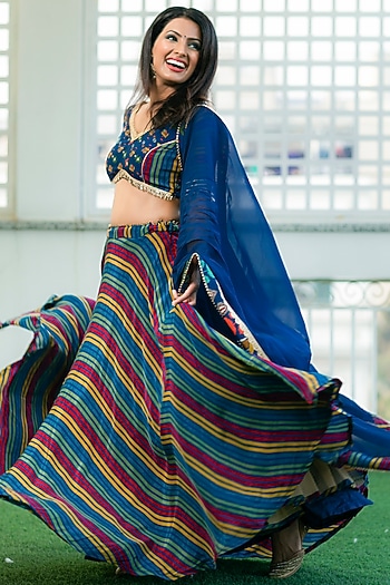 Blue Viscose Crepe Striped Digital Printed Lehenga Set by Affroz at Pernia's Pop Up Shop