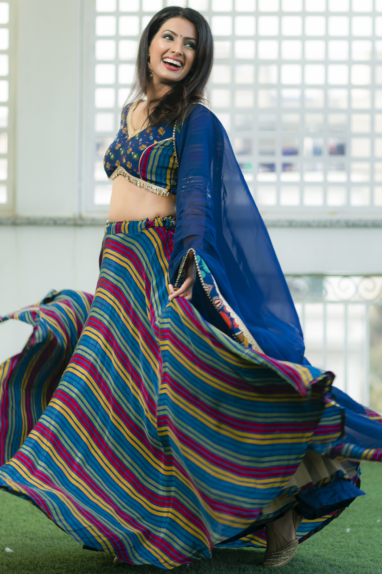 Blue Viscose Crepe Striped Digital Printed Lehenga Set by Affroz at Pernia's Pop Up Shop