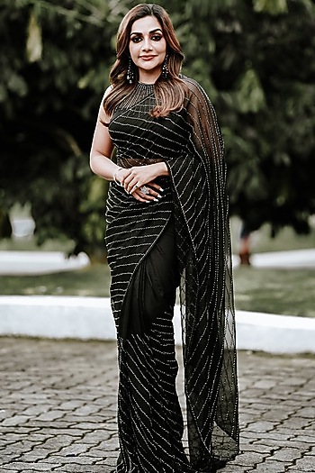 Black Crystal Organza Cutdana Hand Embellished Draped Party Wear Saree Set by FATIZ at Pernia's Pop Up Shop