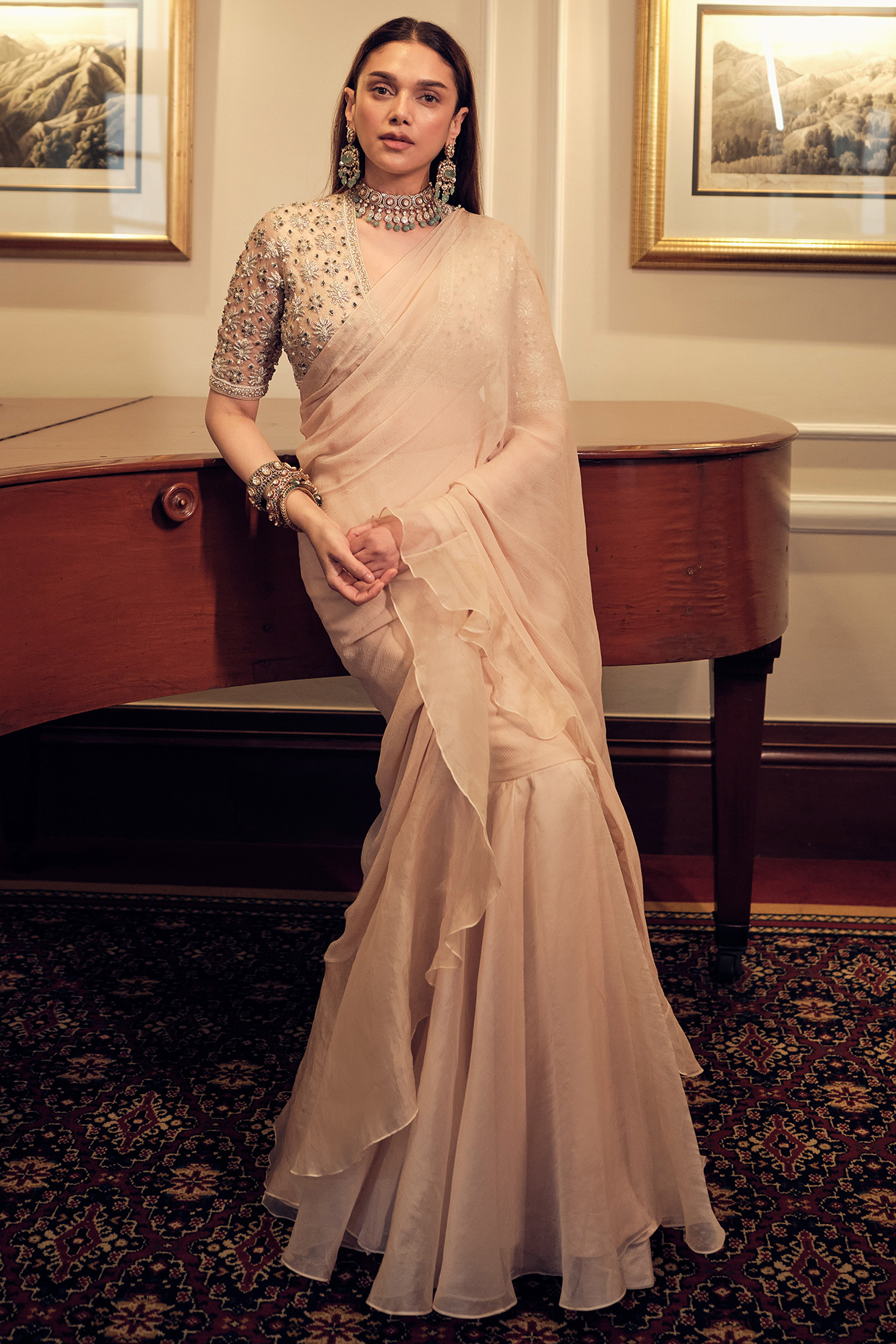 Beige Chiffon & Organza Pre-Draped Ruffled Reception Saree Set by Ridhi Mehra at Pernia's Pop Up Shop