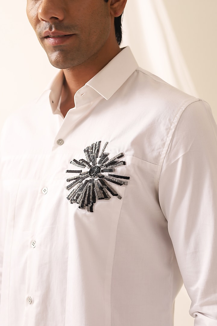 White Cotton Handcrafted Thread & Motif Embellished Party Wear Shirt by SEVENDC MEN at Pernia's Pop Up Shop