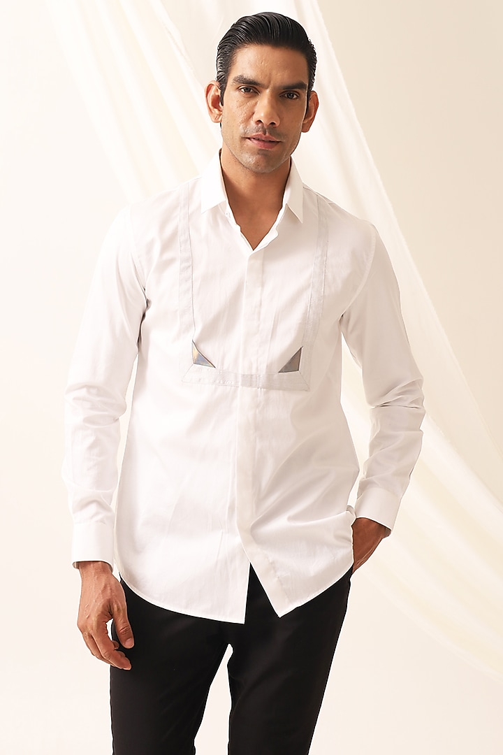 White Cotton Handcrafted Thread & Motif Embellished Party Wear Shirt by SEVENDC MEN at Pernia's Pop Up Shop