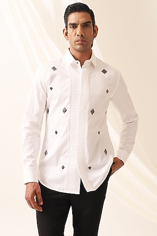 White Cotton Handcrafted Thread & Motif Embellished Shirt by SEVENDC MEN