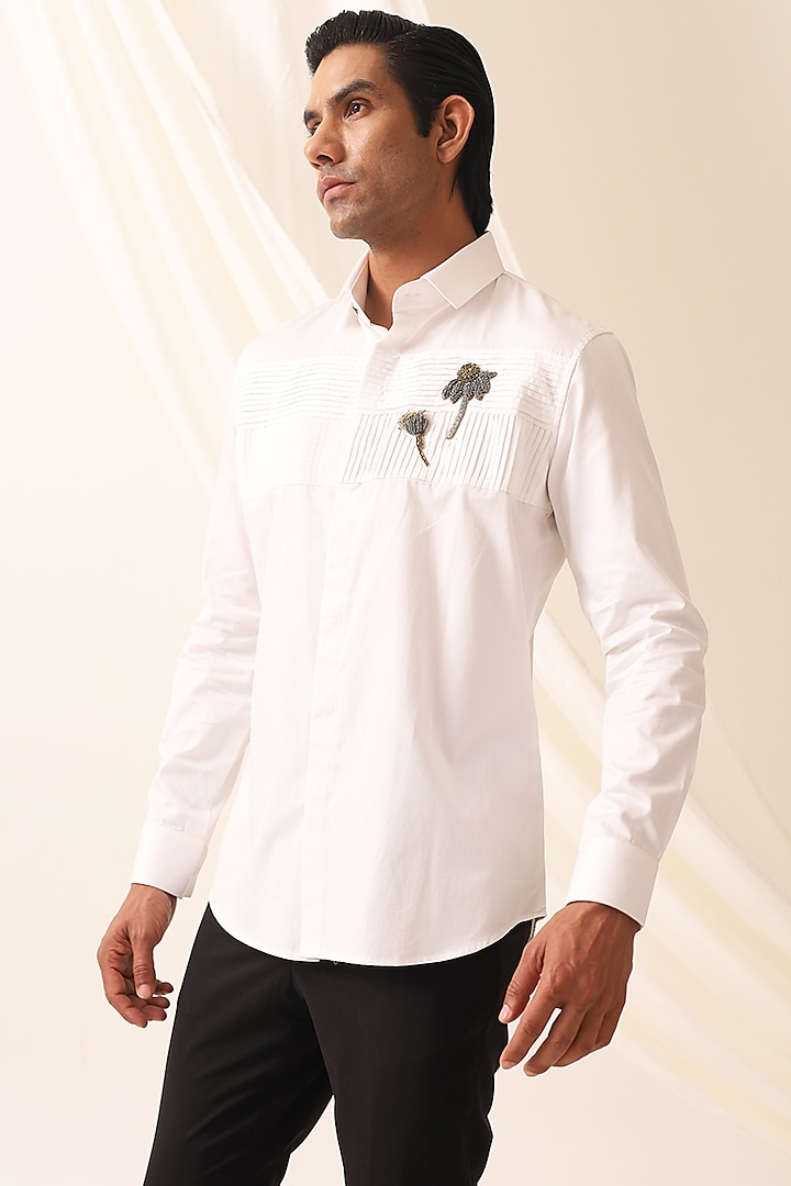 White Cotton Handcrafted Thread & Motif Embellished Party Wear Shirt by SEVENDC MEN at Pernia's Pop Up Shop