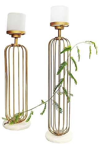 Gold Metal & Marble Frost Glass Candle Stand by Karo