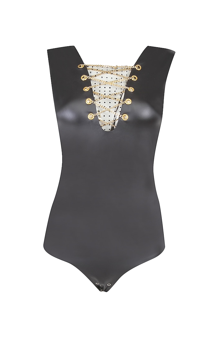 Black and gold chains detailing 'I see you now' bodysuit by Carousel By Simran Arya