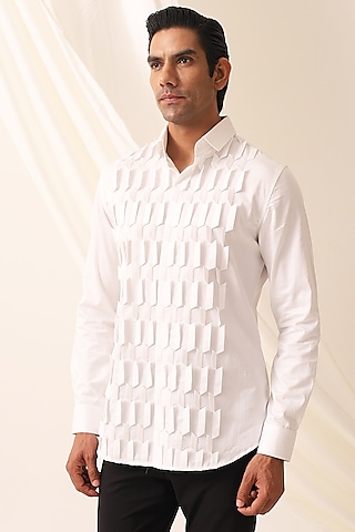 White Cotton Handcrafted Thread & Motif Embellished Shirt by SEVENDC MEN