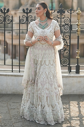 Light Mint Net Hand Embroidered Bridal Anarkali Set by Mala and Kinnary at Pernia's Pop Up Shop