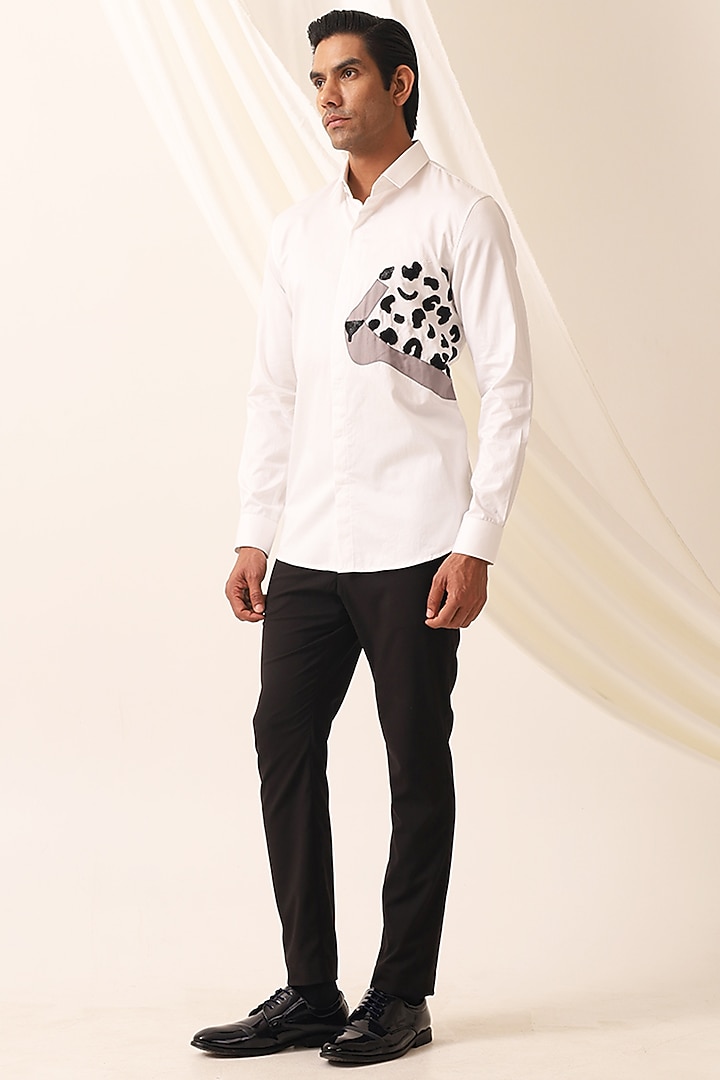 White Cotton Cutdana Motif Embellished Handcrafted Party Wear Shirt by SEVENDC MEN at Pernia's Pop Up Shop