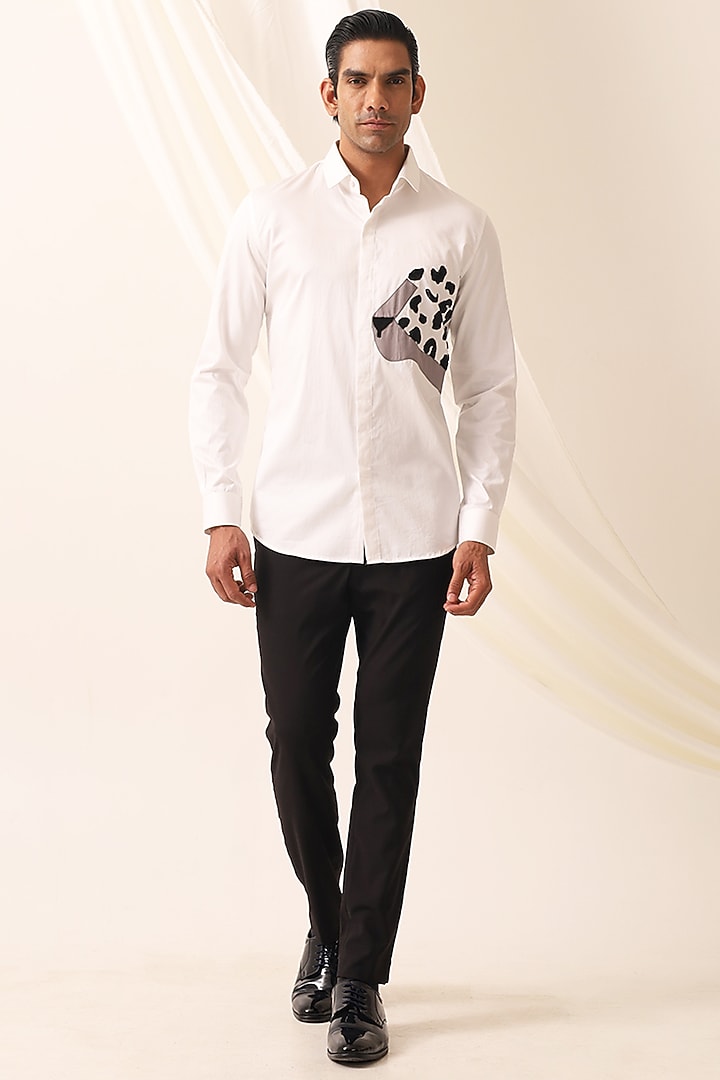 White Cotton Cutdana Motif Embellished Handcrafted Party Wear Shirt by SEVENDC MEN at Pernia's Pop Up Shop