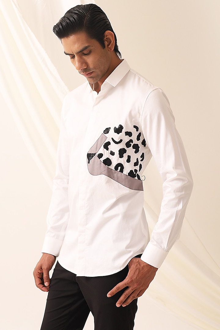 White Cotton Cutdana Motif Embellished Handcrafted Shirt by SEVENDC MEN