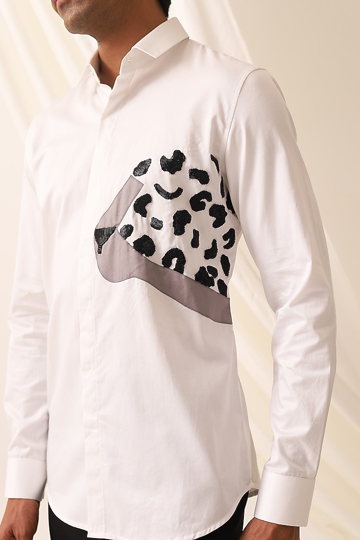 White Cotton Cutdana Motif Embellished Handcrafted Party Wear Shirt by SEVENDC MEN at Pernia's Pop Up Shop