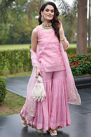 Rose Pink Mul Chanderi Gharara Set by Charu Makkar