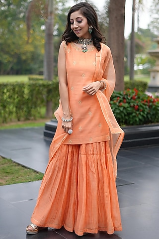 Orange Mul Chanderi Gharara Set by Charu Makkar